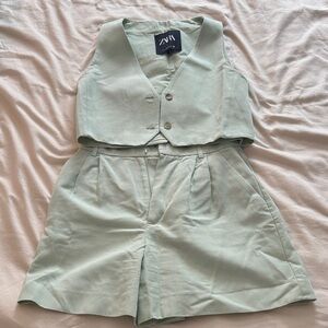 Zara Pale Mint Green Cropped Vest & High-Waist Shorts Set